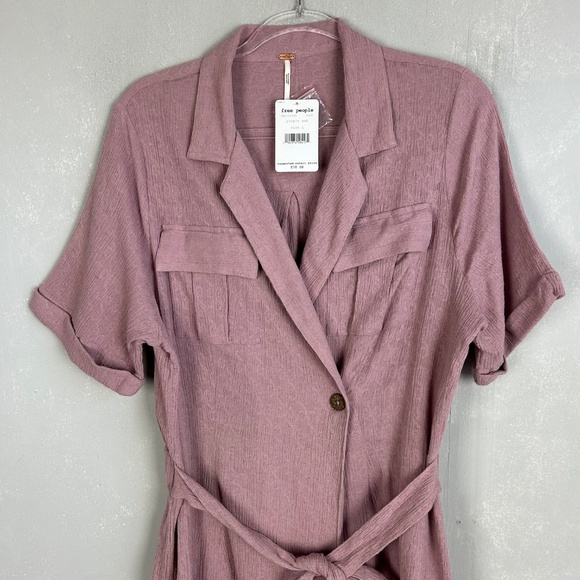 Free People size L mini wrap dress purple short sleeve cotton linen blend NEW - Picture 2 of 14